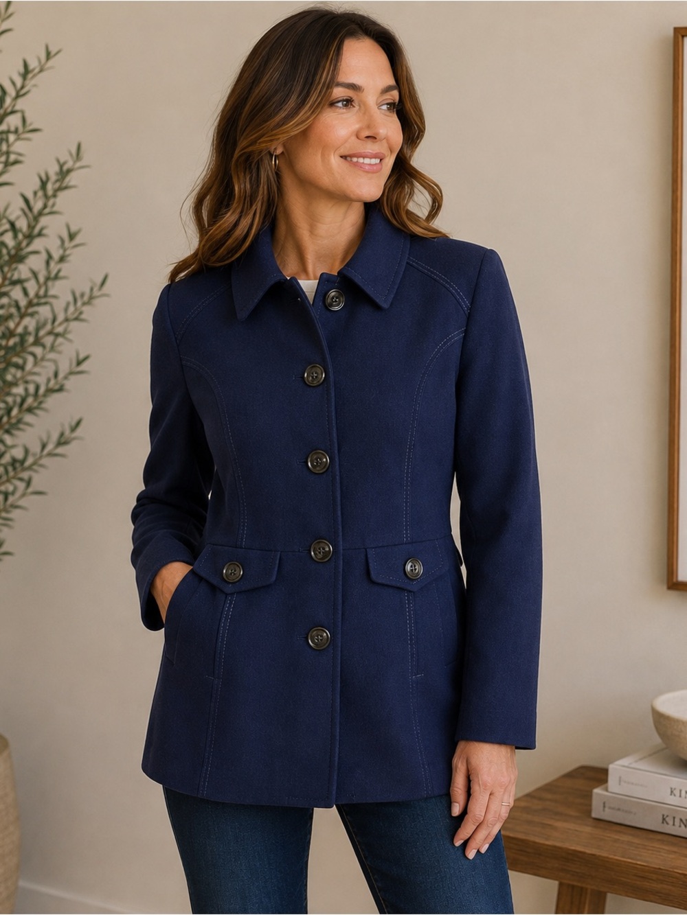 Giacca Women’s Navy Blue Wool Blend Car Coat M Button Front Classic Lined